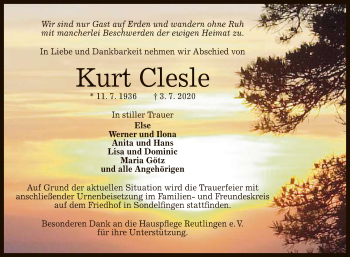 Anzeige von Kurt Clesle von Reutlinger General-Anzeiger