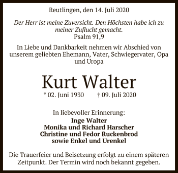 Anzeige von Kurt Walter von Reutlinger General-Anzeiger