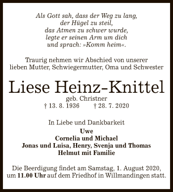 Anzeige von Liese Heinz-Knittel von Reutlinger General-Anzeiger