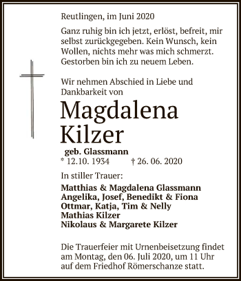 Anzeige von Magdalena Kilzer von Reutlinger General-Anzeiger