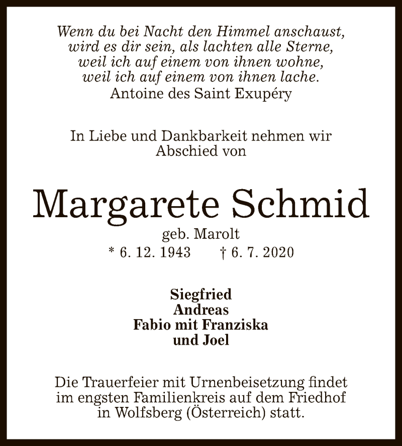  Traueranzeige für Margarete Schmid vom 08.07.2020 aus Reutlinger General-Anzeiger