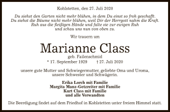 Anzeige von Marianne Class von Reutlinger General-Anzeiger