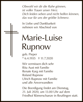 Anzeige von Marie-Luise Rupnow von Reutlinger General-Anzeiger