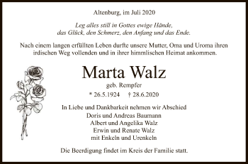 Anzeige von Marta Walz von Reutlinger General-Anzeiger