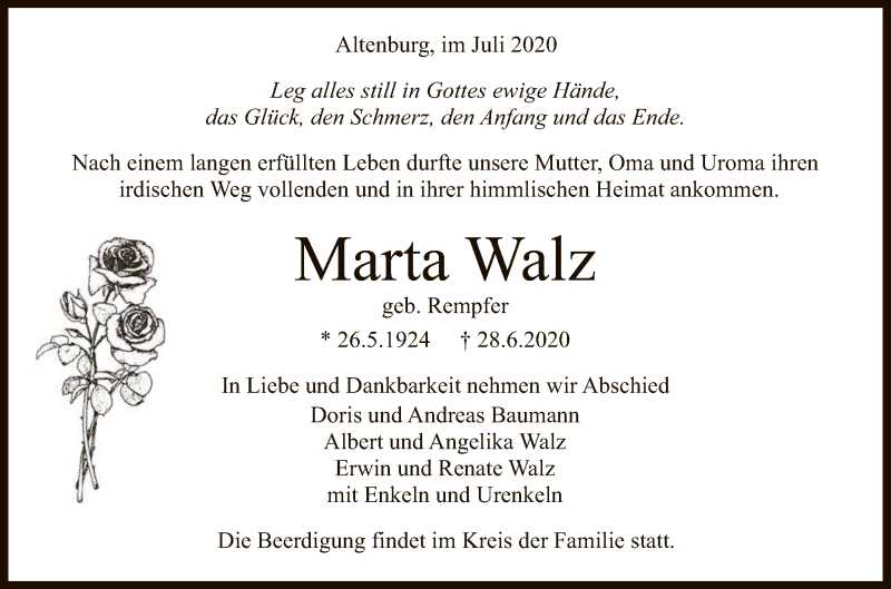  Traueranzeige für Marta Walz vom 01.07.2020 aus Reutlinger General-Anzeiger