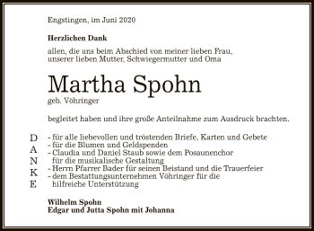 Anzeige von Martha Spohn von Reutlinger General-Anzeiger