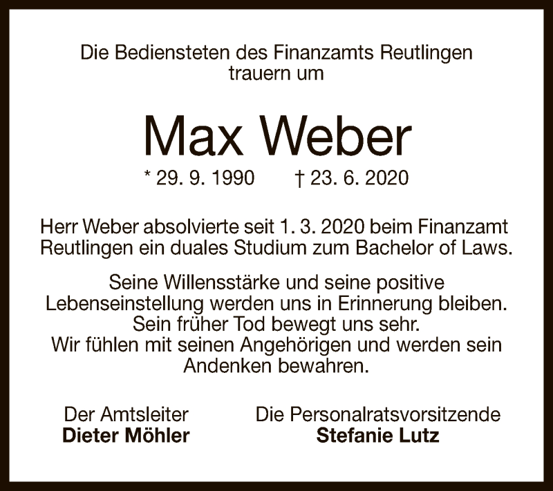  Traueranzeige für Max Weber vom 14.07.2020 aus Reutlinger General-Anzeiger