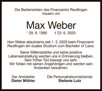 Anzeige von Max Weber von Reutlinger General-Anzeiger