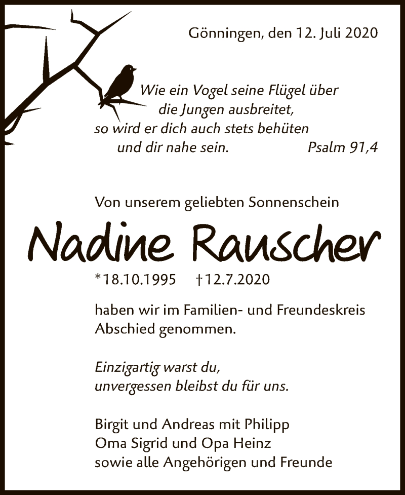  Traueranzeige für Nadime Rauscher vom 18.07.2020 aus Reutlinger General-Anzeiger