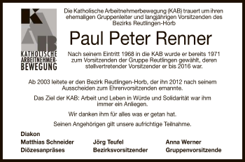 Anzeige von Paul Peter Renner von Reutlinger General-Anzeiger