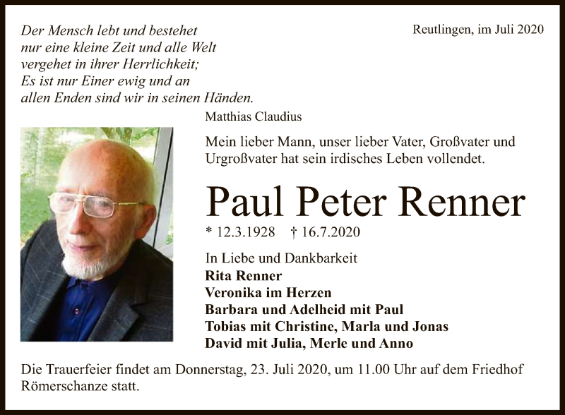  Traueranzeige für Paul Peter Renner vom 21.07.2020 aus Reutlinger General-Anzeiger