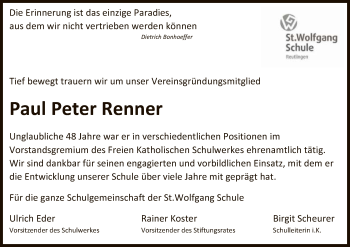 Anzeige von Paul Peter Renner von Reutlinger General-Anzeiger
