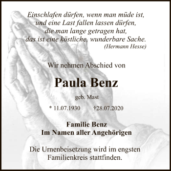 Anzeige von Paula Benz von Reutlinger General-Anzeiger