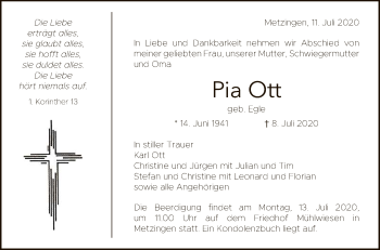 Anzeige von Pia Ott von Reutlinger General-Anzeiger