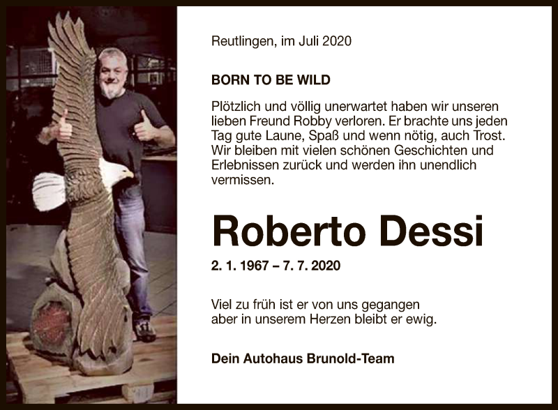  Traueranzeige für Roberto Dessi vom 11.07.2020 aus Reutlinger General-Anzeiger