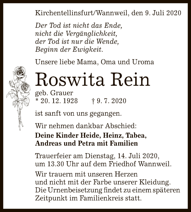  Traueranzeige für Roswita Rein vom 11.07.2020 aus Reutlinger General-Anzeiger