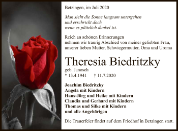 Anzeige von Theresia Biedritzky von Reutlinger General-Anzeiger