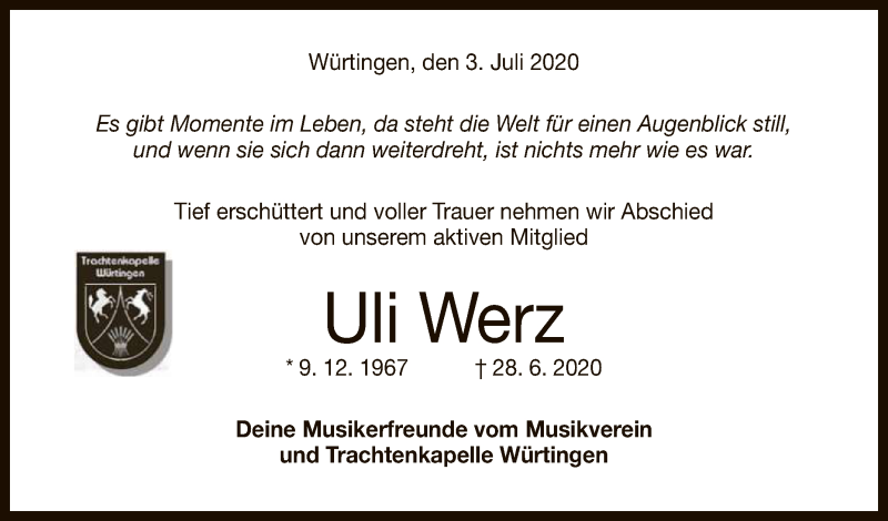  Traueranzeige für Uli Werz vom 03.07.2020 aus Reutlinger General-Anzeiger