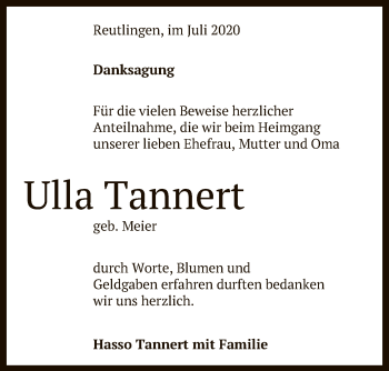 Anzeige von Ulla Tannert von Reutlinger General-Anzeiger