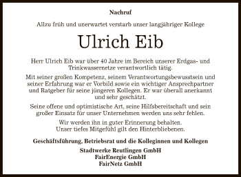 Anzeige von Ulrich Eib von Reutlinger General-Anzeiger