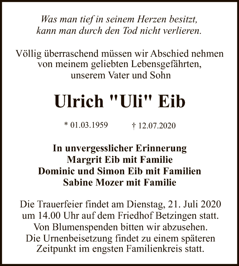  Traueranzeige für Ulrich Eib vom 16.07.2020 aus Reutlinger General-Anzeiger