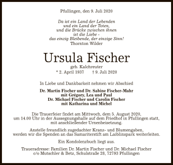 Anzeige von Ursula Fischer von Reutlinger General-Anzeiger