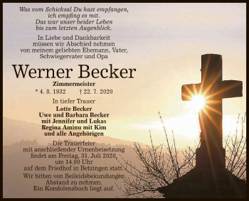 Anzeige von Werner Becker von Reutlinger General-Anzeiger