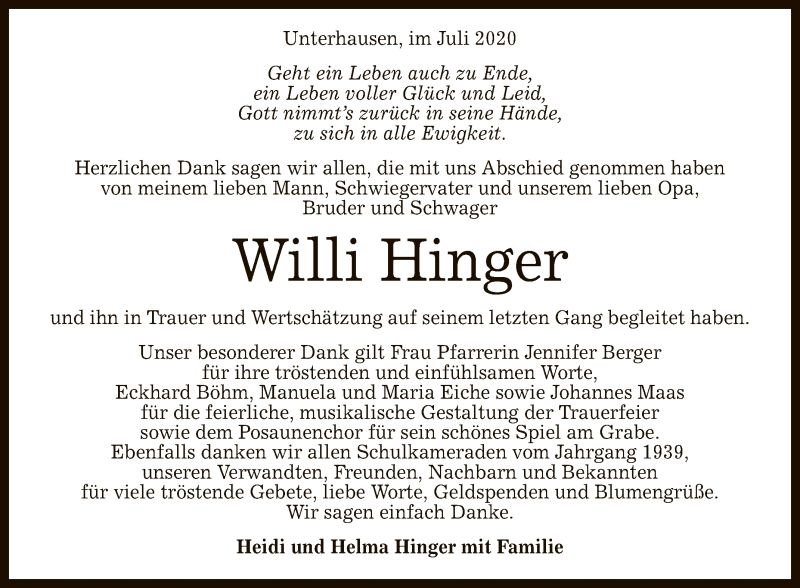  Traueranzeige für Willi Hinger vom 23.07.2020 aus Reutlinger General-Anzeiger