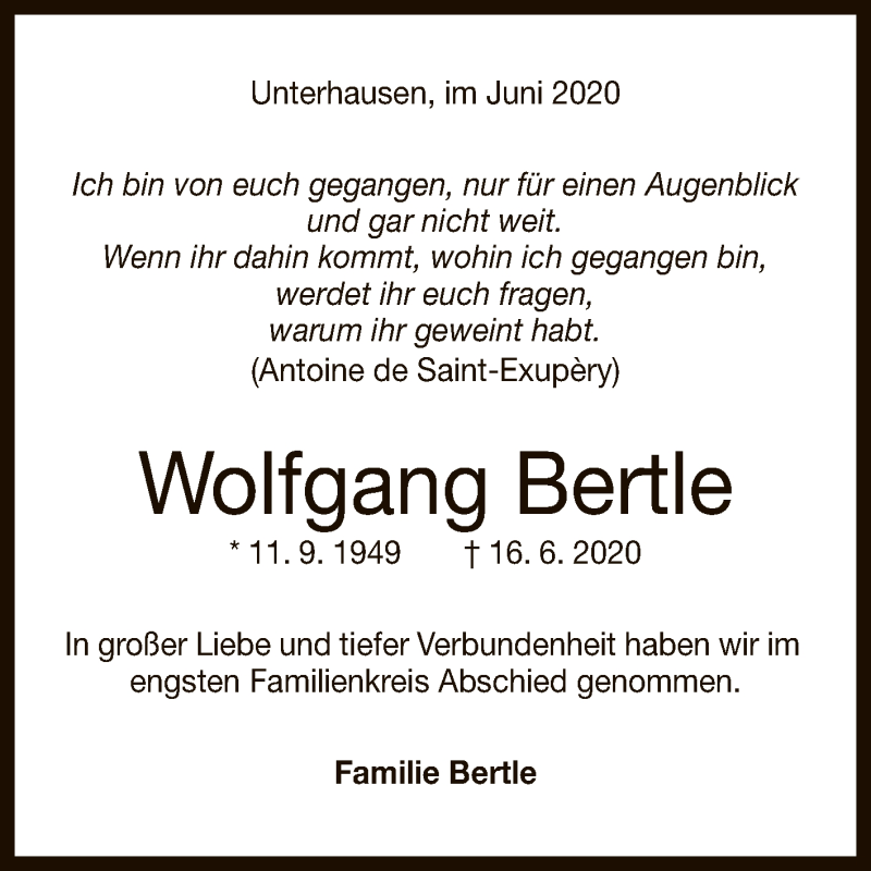  Traueranzeige für Wolfgang Bertle vom 04.07.2020 aus Reutlinger General-Anzeiger