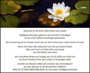 Anzeige von Wolfgang Höschele von Reutlinger General-Anzeiger