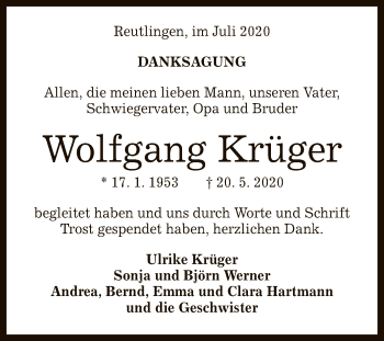 Anzeige von Wolfgang Krüger von Reutlinger General-Anzeiger