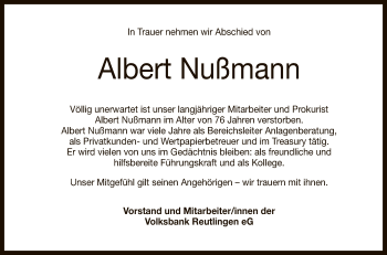 Anzeige von Albert Nußmann von Reutlinger General-Anzeiger