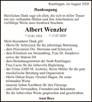 Anzeige von Albert Wenzler von Reutlinger General-Anzeiger