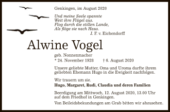 Anzeige von Alwine Vogel von Reutlinger General-Anzeiger