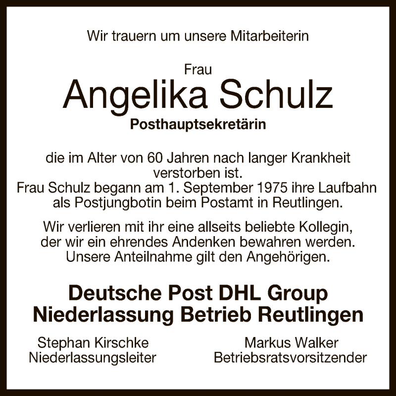  Traueranzeige für Angelika Schulz vom 07.08.2020 aus Reutlinger General-Anzeiger