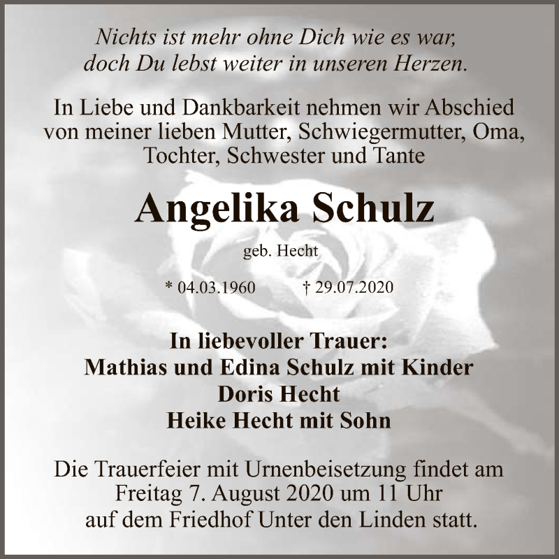  Traueranzeige für Angelika Schulz vom 01.08.2020 aus Reutlinger General-Anzeiger
