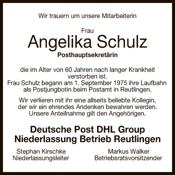 Anzeige von Angelika Schulz von Reutlinger General-Anzeiger