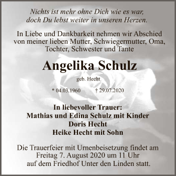 Anzeige von Angelika Schulz von Reutlinger General-Anzeiger