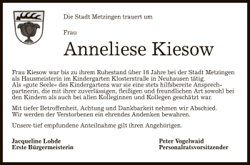 Anzeige von Anneliese Kiesow von Reutlinger General-Anzeiger