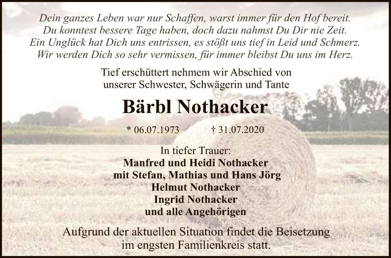  Traueranzeige für Bärbl Nothacker vom 11.08.2020 aus Reutlinger General-Anzeiger