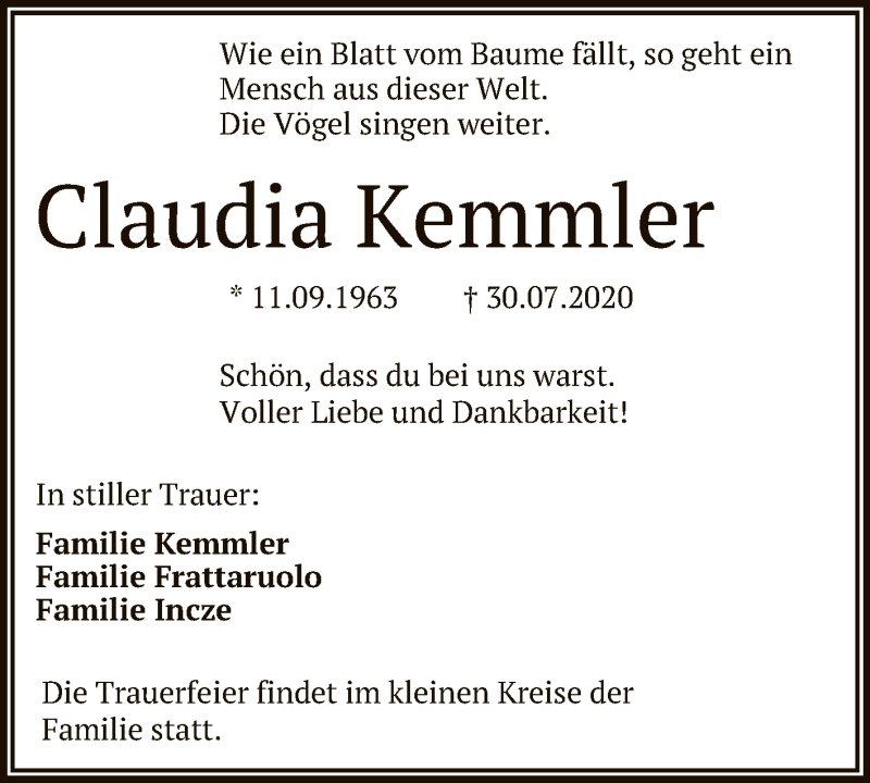  Traueranzeige für Claudia Kemmler vom 04.08.2020 aus Reutlinger General-Anzeiger