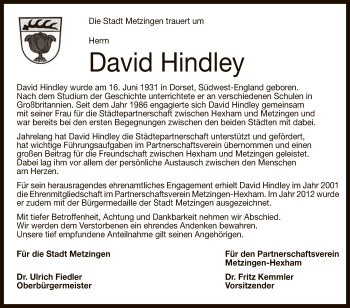 Anzeige von David Hindley von Reutlinger General-Anzeiger