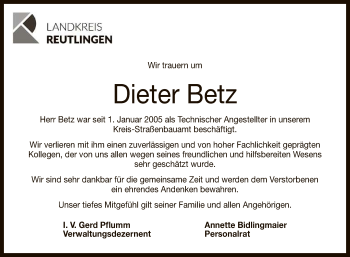 Anzeige von Dieter Betz von Reutlinger General-Anzeiger