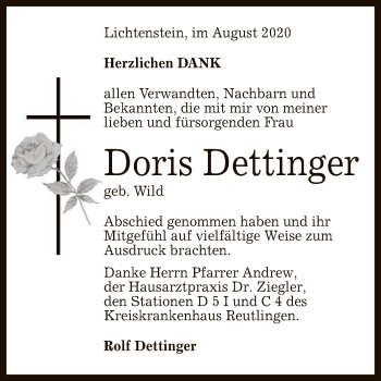 Anzeige von Doris Dettinger von Reutlinger General-Anzeiger