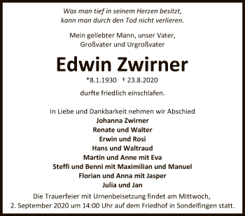 Anzeige von Edwin Zwirner von Reutlinger General-Anzeiger