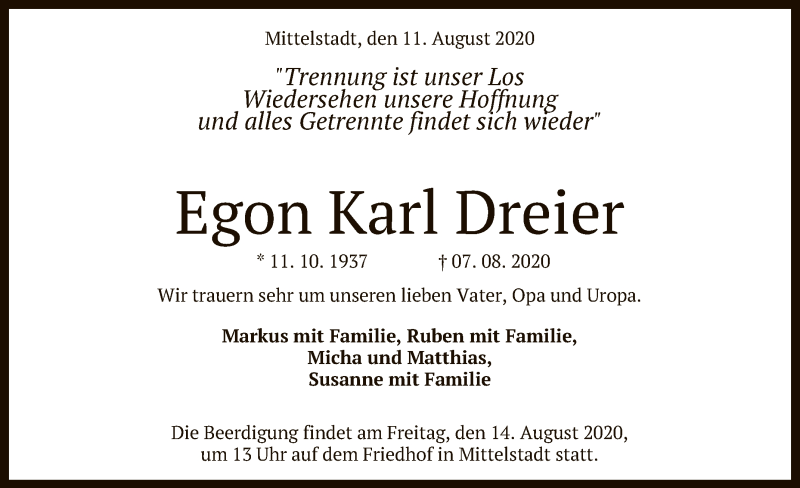  Traueranzeige für Egon Karl Dreier vom 13.08.2020 aus Reutlinger General-Anzeiger