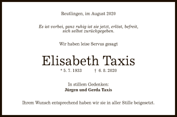 Anzeige von Elisabeth Taxis von Reutlinger General-Anzeiger