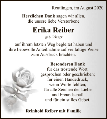 Anzeige von Erika Reiber von Reutlinger General-Anzeiger