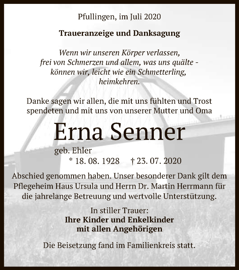  Traueranzeige für Erna Senner vom 08.08.2020 aus Reutlinger General-Anzeiger