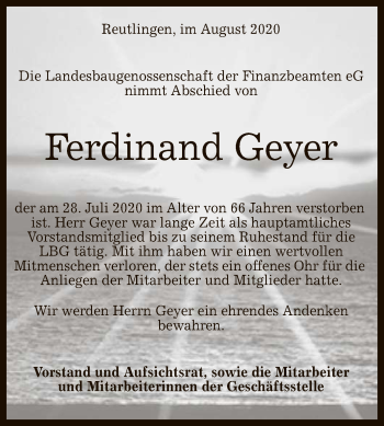Anzeige von Ferdinand Geyer von Reutlinger General-Anzeiger